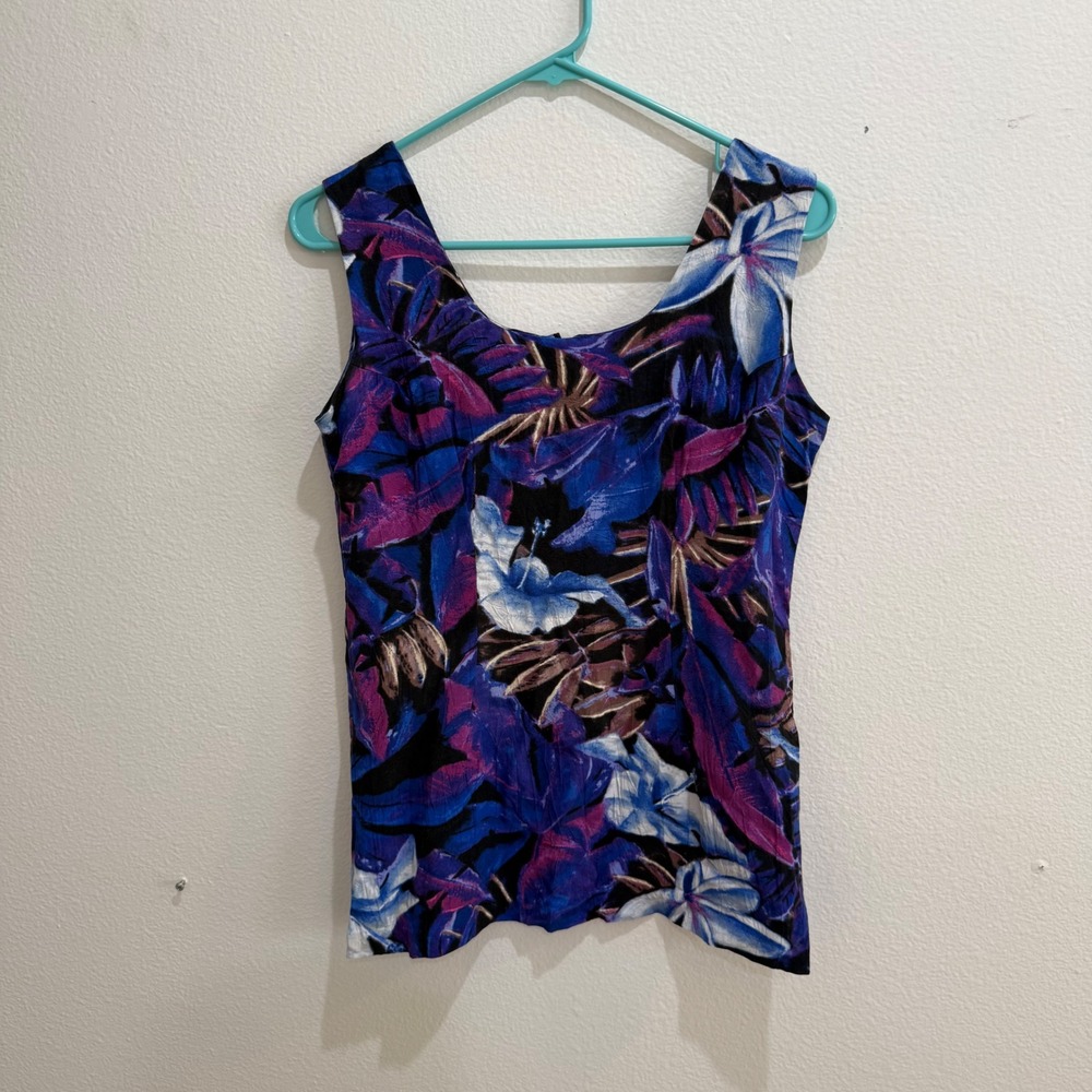 Jams World Womens XS Tropical Floral Crinkle Tank Top Purple Blue Made in USA